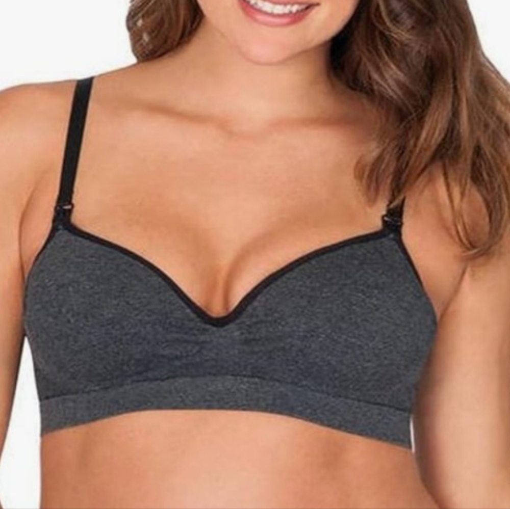 Great Expectations Gray Black Seamless Molded Cups Maternity Nursing Bra, L